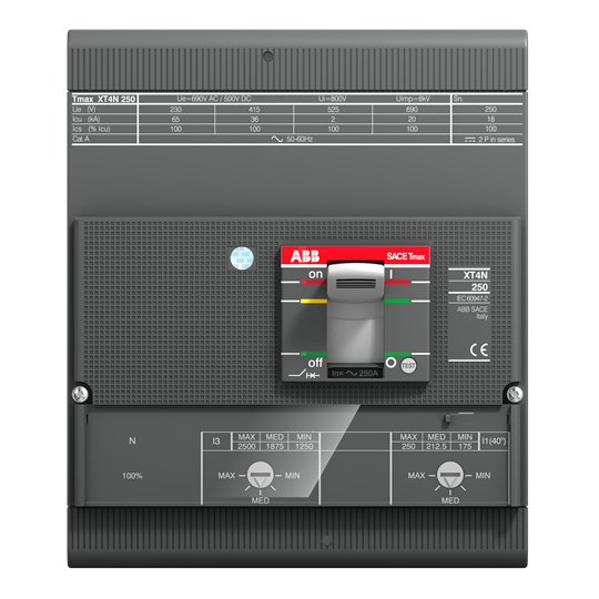 XT4H 250 TMA 250-2500 4p F F InN=100% (MCCB, 250AT/250AF, 4P, 70 kA, THERM. MAGNET. TRIP UNIT)