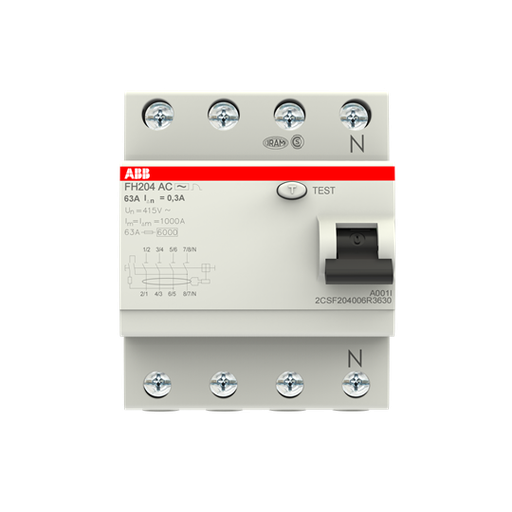 [2CSF204006R3630] FH204AC-63/0,3 (RCCB, 63A, 4P, 300mA, IEC/EN 61008)